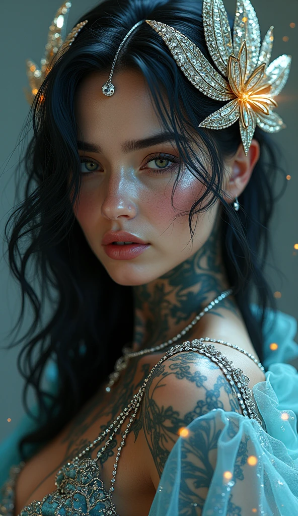 巨作, The best quality, Ultra-high resolution, Beautie, Elegance, Elegance, Award-winning art, a woman with many tattoos, portrait of a beautiful, Half naked, travis charest style, Red lips, Silence in chaos, model posture in fashion shows, Blue eyes, Red lips, Dark theme, visual shock, Gorgeous