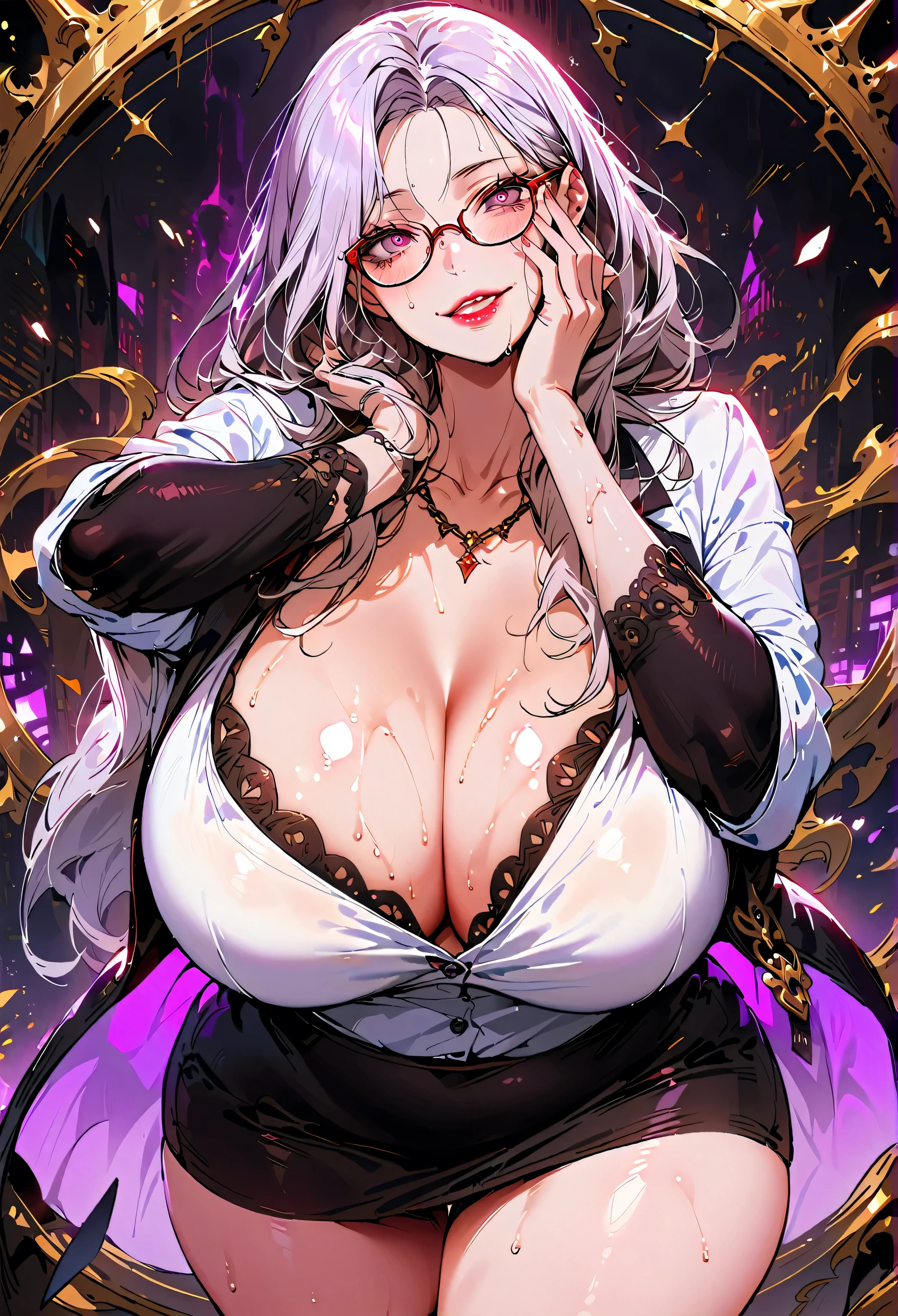   1 Mature Beauty  ,( Alina , Extremely Detailed Depiction , Incredibly Ridiculous HD,Anatomically Accurate,【plump legs】,Detailed pupils, shiny skin , Porcelain Skin ),( office lady ,  An Excellent Secretary ,Female villain ,Glasses),( Business Suit ,tight skirt,formal shirt,High heel, black leggings ,Luxurious Accessories ),[eyelash,( purple eyes ,crazy eyes,half closed eyes:1.5,Big , Evil smile , Glossy Red Lips , Open Mouth,seductive gesture),whole body,