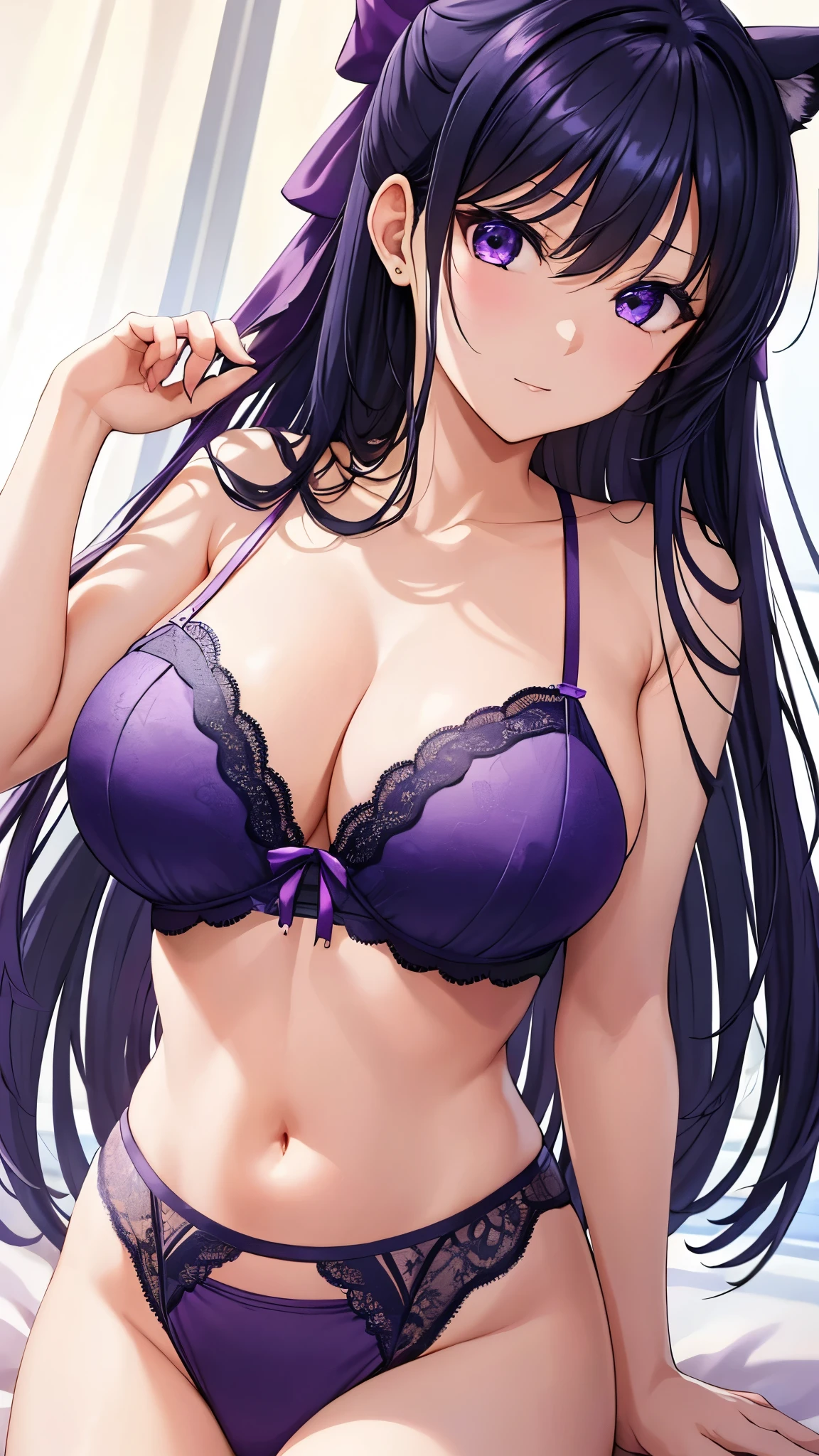 Akane Ryuzoji、 (   best quality) 、 (   best quality) 、(masterpiece)、(8k resolution),Beauty、(  LOOK LIKE AN ADULT )（    perfect style   ）、(  Big Breasts  )、 、Dark blue long hair、 purple ribbon 、  unbearable ecstasy  、（Get closer）、 Purple Lace Lingerie、Purple lace bra、   Sexy Poses  、  showing belly