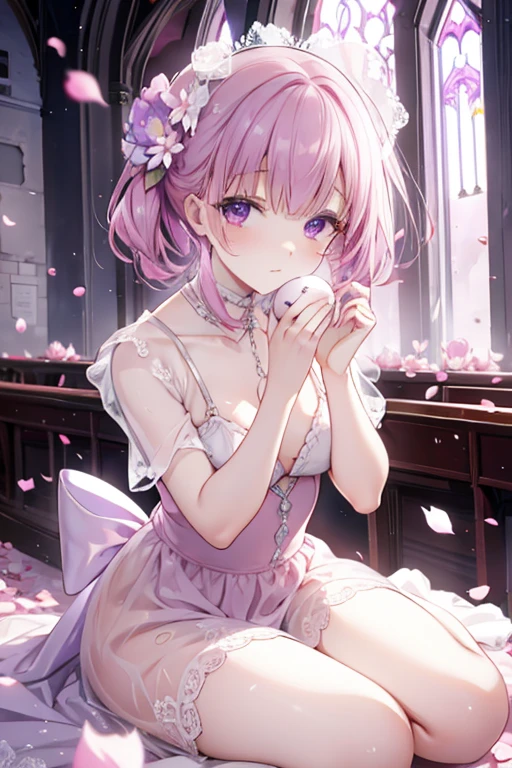 Perfect face. Perfect hands. A petite pink haired woman with violet eyes in a pretty lace gown is spinning in a flurry of peony petals in an abandoned church