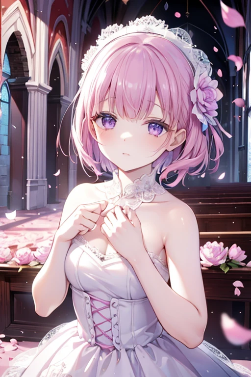 Perfect face. Perfect hands. A petite pink haired woman with violet eyes in a pretty lace gown is spinning in a flurry of peony petals in an abandoned church