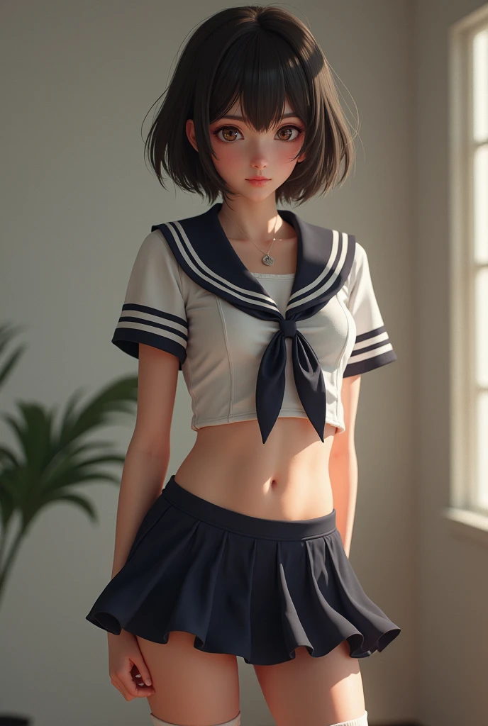 ((masterpiece,best quality)), highres, extremely detailed 8K wallpaper, depth_of_field, best shadow, (Colorful),(Delicate eyes and face), nice hand, Perfect hands, volumatic light, Ray tracing, BREAK
(1girl in), mogami \(kancolle\), black hair, short hair, black eyes / green eyes, swept bangs, small breasts, slender, skinny, open mouth, smile, blush, BREAK,
(wear white short length school uniform top:1.3), (sailor collar:1.5), (red tie:1.3), (Parted clothes at the top and bottom:1.2), (short sleeves:1.1), (white string panty:1.3), (bare navel), (under boob), (black lace stockings:1.2), High heels, BREAK,
Cowboy Shots, Looking at Viewer, stomach focus, bedroom, dildos on bed, Ultra detailed backgrounds,