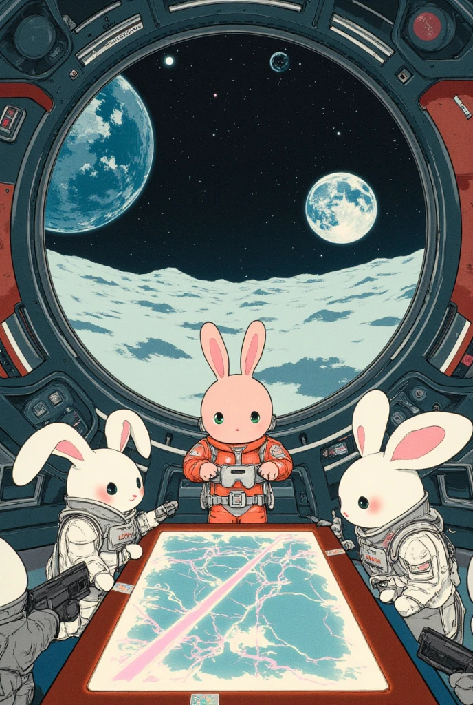 A humorous and imaginative scene featuring a group of anthropomorphic rabbits in a futuristic moon base, conducting a strategic meeting. The rabbits are wearing miniature sci-fi-style armor and helmets, some holding tiny laser rifles or maps of the lunar surface. They gather around a glowing holographic table displaying a 3D map of the moon. The backdrop features the moon’s desolate terrain visible through large windows, with Earth shining brightly in the distance. The mood is lighthearted yet tactical, blending comedy and creativity in a sci-fi setting,vintage anime