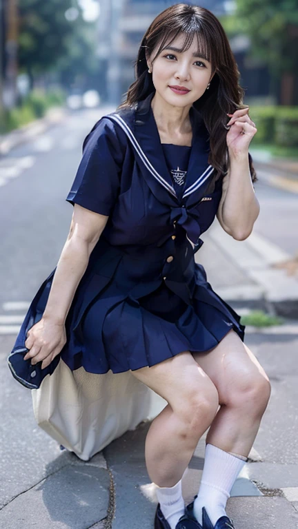 full body shot, from below,  japanese mature,  detailed face , Facial wrinkles, smile,  detailed skin texture , (curvy body, Large Breasts,  plump thighs:1.5), ( school uniform,  sailor suit , JK_style, short-sleeved JK_sailor,  Navy Blue Pleated Miniskirt, earrings,  Necklaces :1.2), (Short socks,  wearing loafers :1.3), ( takes a picture of the whole body from toe to head, Standing on the sidewalk:1.2), ( surrealism, best quality, ultra detailed, absolutely resolution, 8k, anatomically correct), depth of field, looking at viewer, tachi-e, (bimajo )