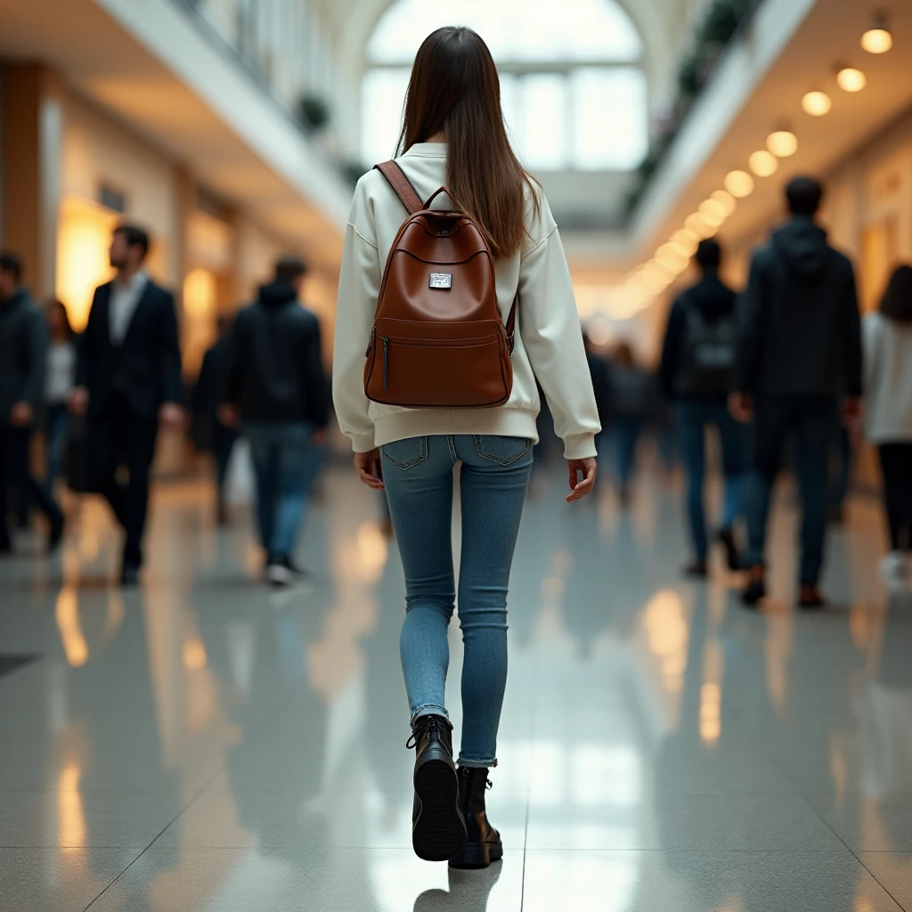 Slender Russian schoolgirl teenager. She walking in a shopping center. Lots of people around. Back view. Skinny jeans fit tightly to her buttocks. She is thin. super skinny jeans. Black high platform boots. Thin legs. Athletic buttocks. Thin, she anorexic. Shorter height. Long hair.  white sports jacket. Brown backpack on her back. Ultra realism. Highest quality. 4K. Masterpiece. Photorealism. Natural light. Photo.
