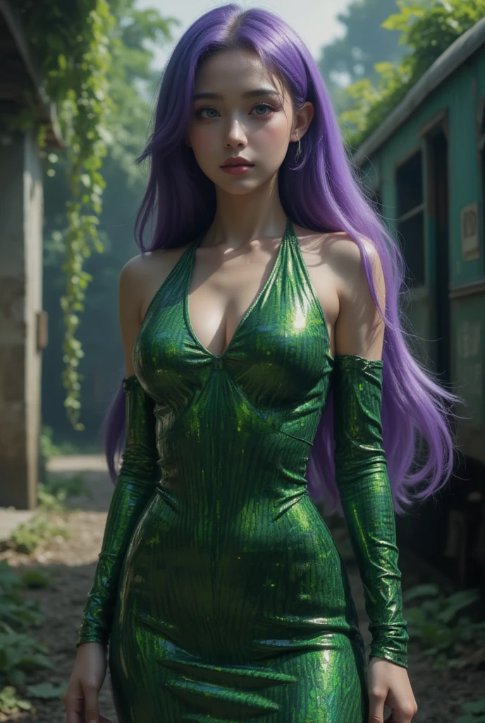 The model is standing under neon lights outside a chic nightclub, with her green hair styled in voluminous curls. She’s wearing a sleek, metallic dress that shimmers in the neon glow. masterpiece 8k photo realistic