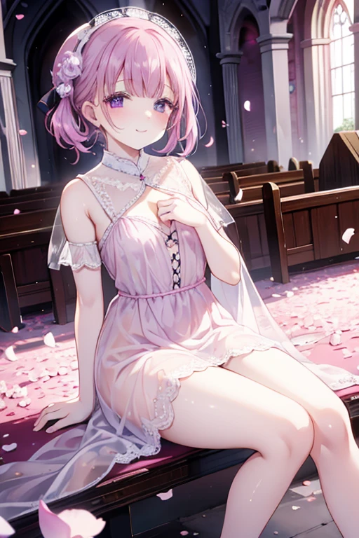 Perfect face. Perfect hands. A petite pink haired woman with violet eyes in a pretty lace gown is smiling while sitting on a pew  in a flurry of peony petals in an abandoned church