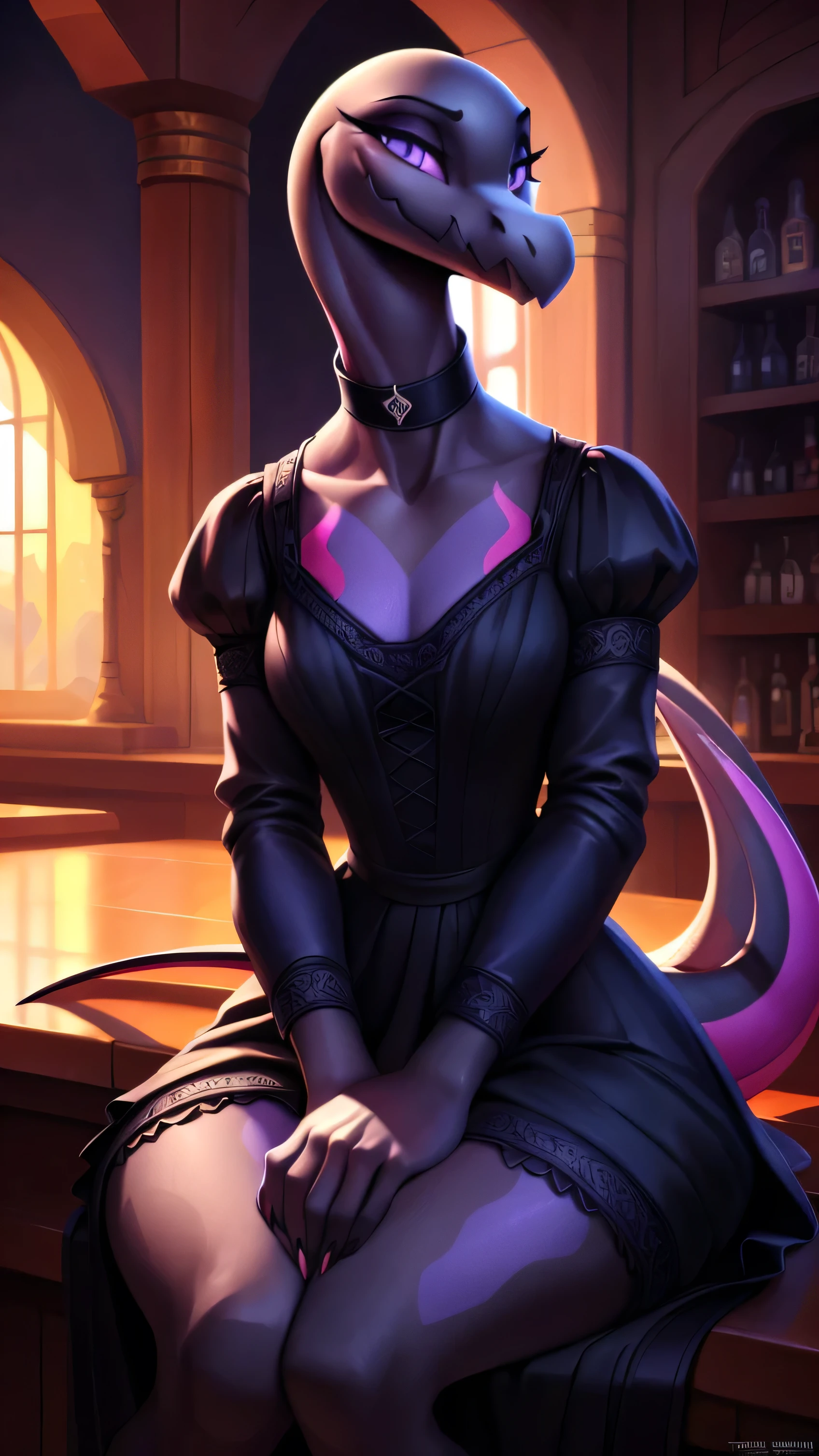 uploaded on e621, ((Salazzle)) by Pixelsketcher, by Bayard Wu, by Thomas Benjamin Kennington , by Einshelm, anthro, ((full body focus)), BREAK, ((dress:1.2)),wearing black victorian dress, long flowing dress, long sleeve victorian dress, dress flowing down past kneea, black choker, (detailed Bonifasko lighting), (detailed scales), (detailed skin), (female Salazzle), BREAK, ((facing viewer)), (cinematic lighting), ((detailed background)), ((full body portrait view)), (((portrait view))), (half body shadow), [backlighting], [crepuscular ray], [detailed ambient light], [gray natural lighting], [ambient light on the belly], (higher wildlife feral detail), [sharp focus], (shaded), ((masterpiece), medium breasts, furry Salazzle, reptilian face, furry Fantasy Art, furry Art, Commission for High Res, anthro Art, POV furry Art,Sakimichan beautiful, masterpiece, best quality, detailed image, bright colors, detailed face, perfect lighting, perfect shadows, perfect eyes, girl focus, purple eyes, flawless face, reptilian girl, scales, scaled woman, colorful scales, gaze at the viewer, half-closed eyes, 1girl, full body, (masterpiece:1.21), (best quality:1.2), (illustration:1.2), (cinematic lighting:1.3), detailed scales, balanced coloring, global illumination, ray tracing, good lighting, scales, anthro, looking at viewer, short neck, (full body shot of woman on bed), submissive, inside, tavern, good lighting, sitting at bar, cocktail in hand, (woman sitting, woman sitting down, woman sitting at bar, woman with cocktail in hand), woman in tavern, claws, (dark shot:1.2), (intricate details:1.12), (intricate details, hyperdetailed:1.15), hdr, inside, (at night:1.2), warm light, dramatic light, cinematic, (full body:1.2), slight smile, blushing, ((black victorian dress, sitting down seductively, slight smile, full victorian dress, dress covering whole body))