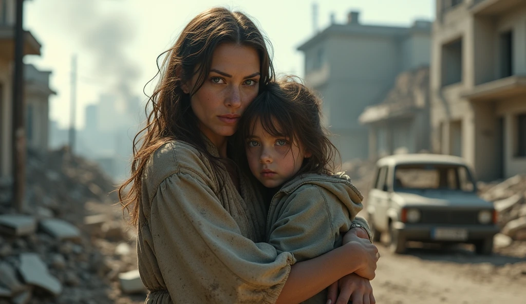 a young mother and her son struggling to find food, beautiful detailed eyes, beautiful detailed lips, extremely detailed eyes and face, long eyelashes, dirty ragged clothes, emaciated, desperate expression, holding child's hand, abandoned city in ruins, desolate landscape, overcast sky, gloomy atmosphere, (best quality,4k,8k,highres,masterpiece:1.2),ultra-detailed,(realistic,photorealistic,photo-realistic:1.37),cinematic lighting,dramatic shadows,highly saturated colors,gritty,post-apocalyptic,dystopian