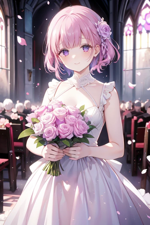 Perfect face. Perfect hands. A petite pink haired woman with violet eyes in a pretty lace gown is smiling while holding a bouquet in a flurry of peony petals in an abandoned church