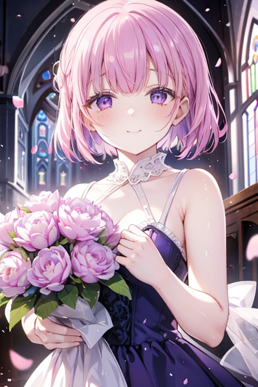 Perfect face. Perfect hands. A ite pink haired woman with violet eyes in a pretty lace gown is smiling while holding a bouquet in a flurry of peony petals in an abandoned church