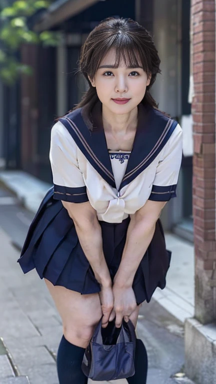 full body shot, from below,  japanese mature,  detailed face , Facial wrinkles, smile,  detailed skin texture , (curvy body, Large Breasts,  plump thighs:1.5), ( school uniform,  sailor suit , JK_style, short-sleeved JK_sailor,  Navy Blue Pleated Miniskirt, earrings,  Necklaces :1.2), (Short socks,  wearing loafers :1.3), ( takes a picture of the whole body from toe to head, Standing on the sidewalk:1.2), ( surrealism, best quality, ultra detailed, absolutely resolution, 8k, anatomically correct), depth of field, looking at viewer, tachi-e, (bimajo ), full body