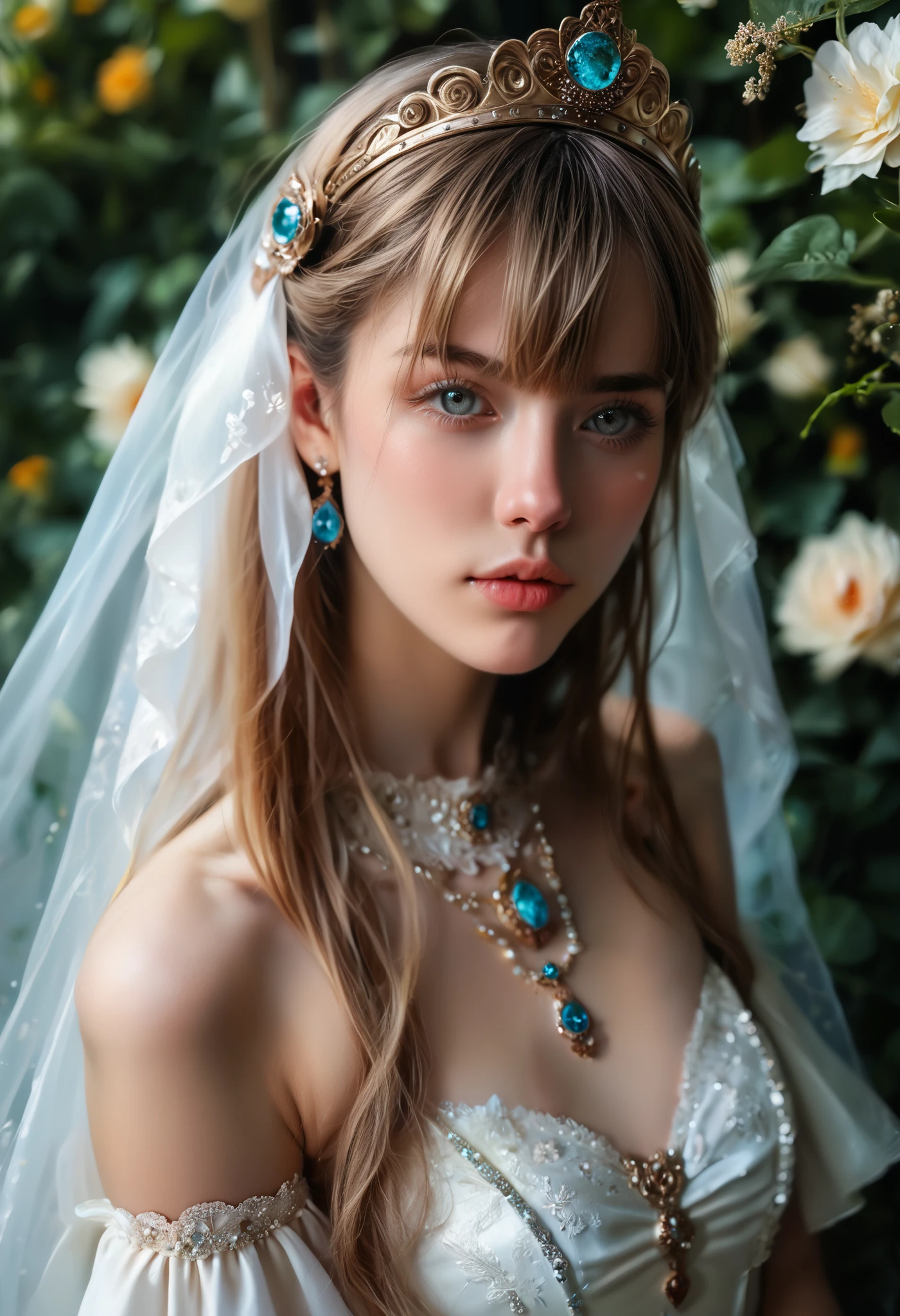 8K,(masterpiece, Best Quality:1.4), portrait Heidi Mark, wearing veil bride tiara costume, hyper realisitic, High detailed skin, Digital SLR, Soft lighting, High quality, Highly detailed face, Highly detailed eyes, highly detailedskin, The skin, Subsurface scattering, Full face blush, Highly detailed face, Highly detailed eyes, beautiful expression, Full lips, Detailed background, depth of fields, Supergianthugebreasts、Volumetric lighting, Sharp Focus, absurderes, Realistic proportions, Good anatomy, (Realistic, hyper realisitic:1.4), 16K HDR, Daylight,SupergianthugebreastsA high resolution,super realistic skin,super beautiful expression,Fantasyart,character art,A sexy, blond hair, against the background of the pond, earings, necklace, full body