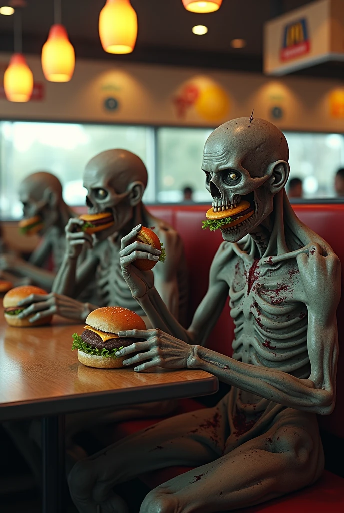 5 skeletons casually sitting around a small restaurant table