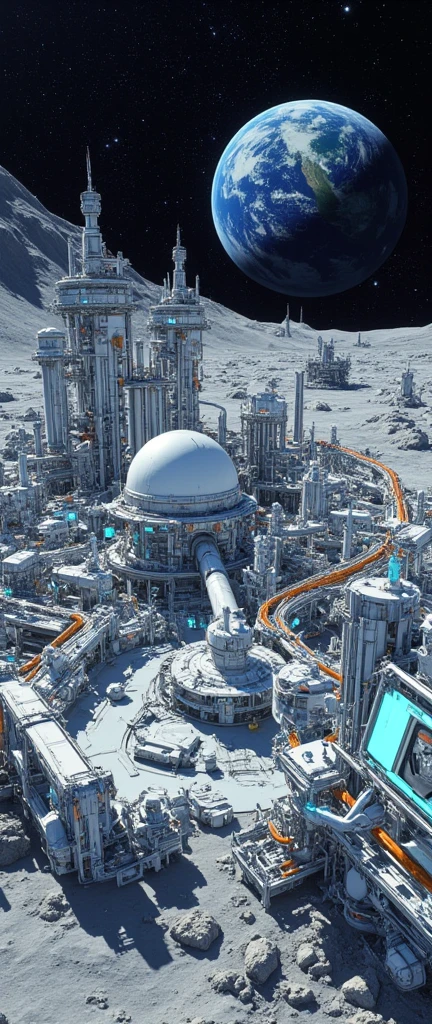 A grand panoramic view of a futuristic lunar base, sprawling across the rugged, cratered surface of the moon. The base is a marvel of engineering, with sleek metallic structures, towering observation domes, and interconnected corridors illuminated by a cold, bluish glow. Gigantic solar panels and communication arrays stretch towards the star-filled sky, while massive landing pads host advanced spacecraft. Robotic machines move efficiently along conveyor tracks, and luminous pipelines weave through the facility, emphasizing its mechanical sophistication. In the distance, Earth hangs in the sky, casting a faint glow over the scene. The composition captures the scale and intricacy of the base, blending awe-inspiring architecture with the stark beauty of the lunar landscape