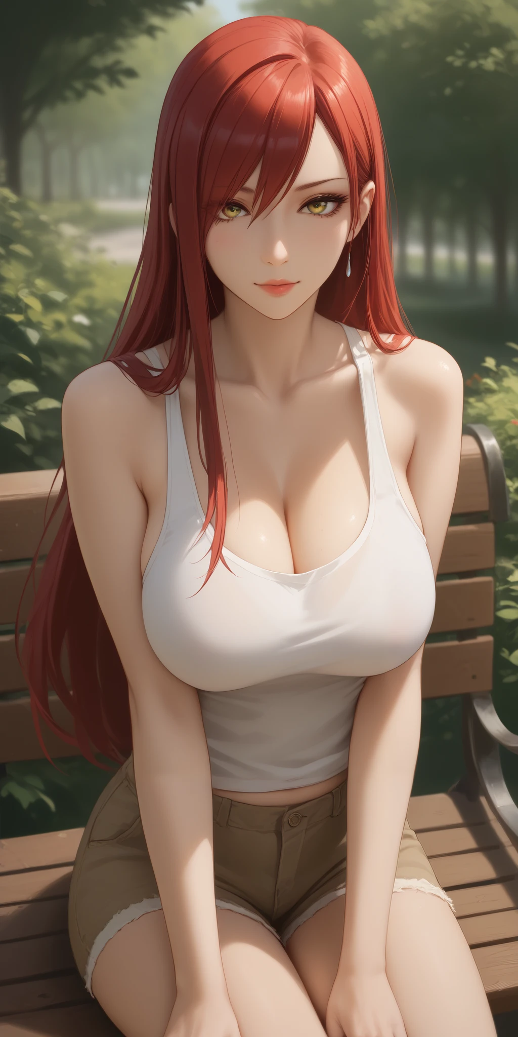 Score_9, Score_8_up, Score_7_up, Source_anime, anime art, anime style, masterpiece, best quality, very aesthetic, 1girl, mature woman, milf, curvaceous, long hair, side bangs, maroon hair, tank top, short pants, saggy breasts, erza, sitting on park bench, seductive, perfecteyes, yellow eyes, upper body, home, soft light