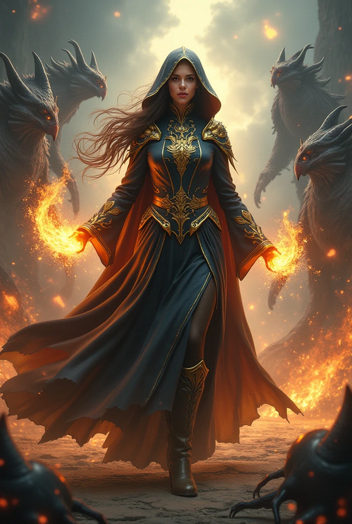 a hechicera woman in the center of an epic battle against dark creatures, wearing a mystical robe with glowing golden details, hyper detailed, cinematic lighting, dramatic scene, fantasy art, vibrant colors, intricate details, sharp focus, (best quality,4k,8k,highres,masterpiece:1.2),ultra-detailed,(realistic,photorealistic,photo-realistic:1.37)