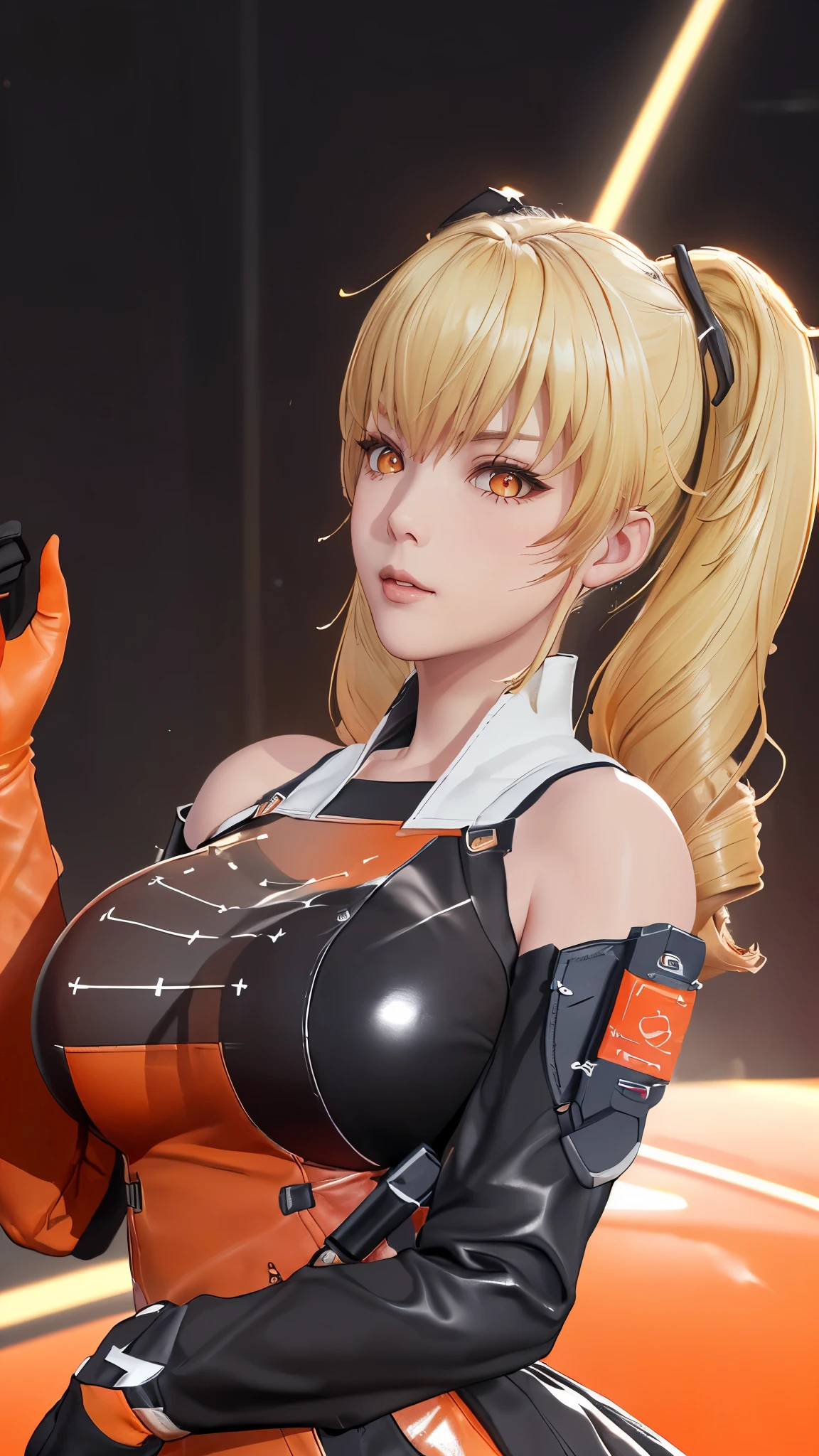 (（（figure，御姐figure,White and tender skin,（（（FenNib , long_sleeves_skirt, red_single_thighhigh, thigh_holster, elbow_gloves, strap, ）））,(（（twintails, Blonde_hair, orange_eyes,））),，((masterpiece)), highres icon,((Best quality at best)),masterpiece,quality,Best quality,(（（  looking at the audience， is open to the audience,Light in the eyes， blush，shy）））， huge ,Chiaroscuro, depth of field, cinematic lighting, motion blur, ray tracing, reflection light, drop shadow, speed lines）））