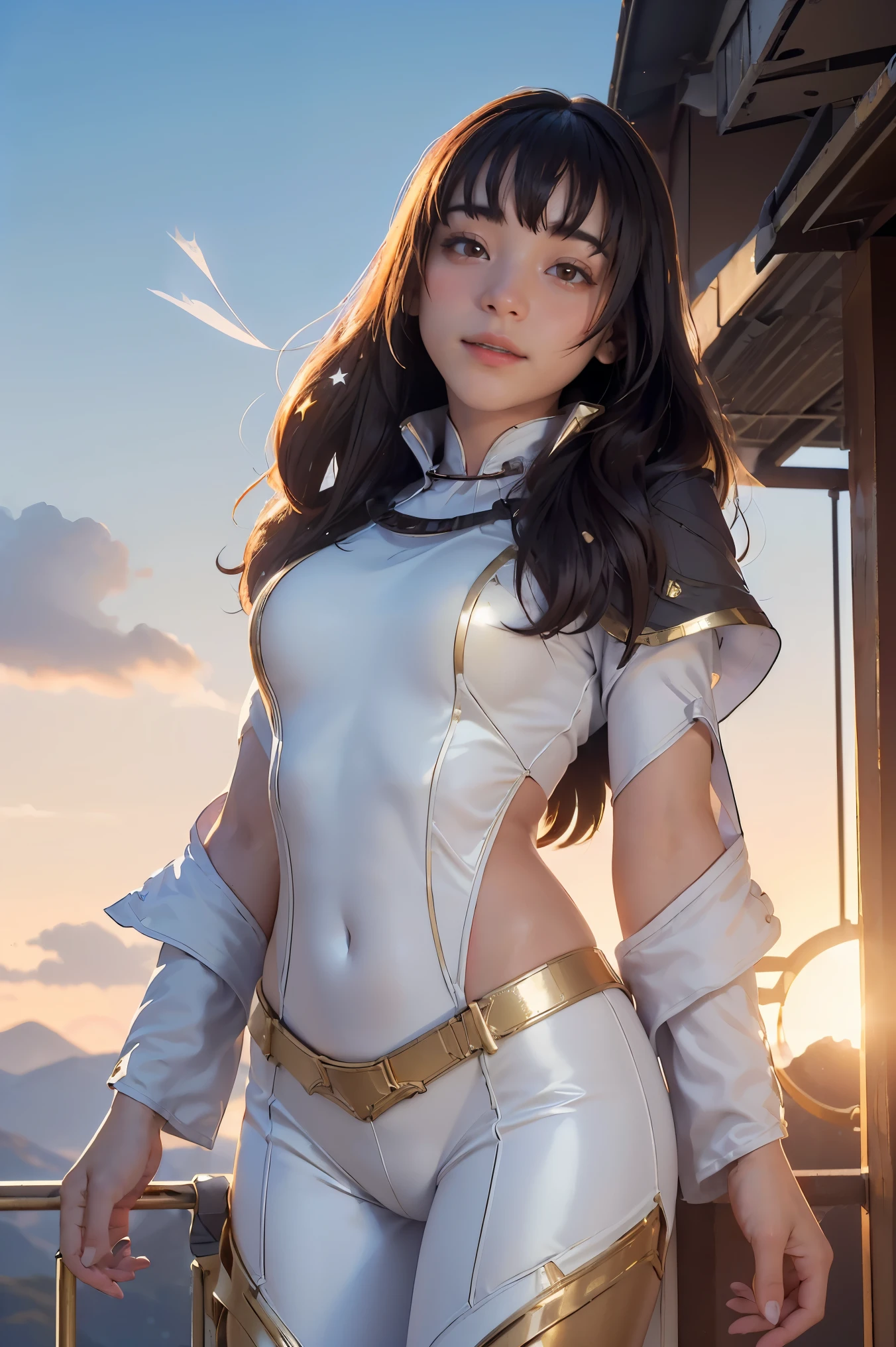 ((masterpiece, best quality, extremely detailed), volumetric lighting, ambient occlusion, colorful, glowing), 1girl, solo, young girl, (dark hair), long hair, ranger suit, hunter class dnd, cloak, (white outfit with gold detailst:1.3), armor, outdoors, sunset, sky, clouds, space, (fantasy theme:1.2),