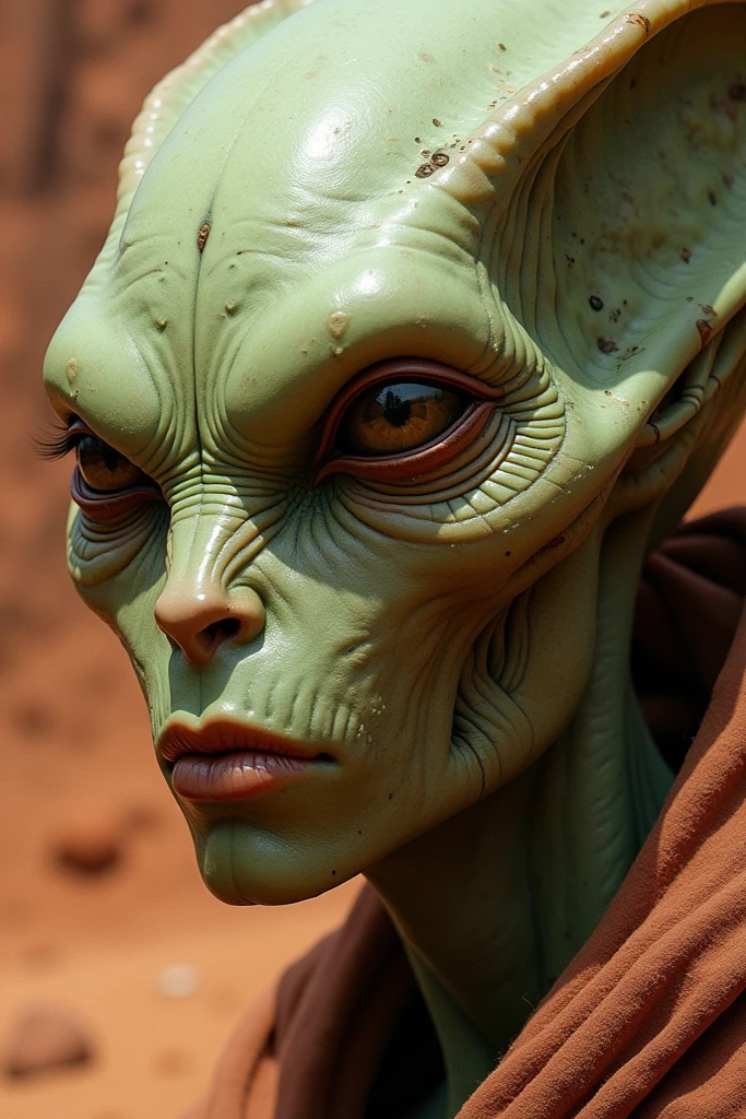 A highly detailed. Wear red white shawl stripe hijab. , photorealistic portrait of an alien humanoid with a green face, no nose, a square jawline, a cube-shaped head, and a square robot face, wearing a black spacesuit, ((best quality,4k,8k,highres,masterpiece:1.2),ultra-detailed,(realistic,photorealistic,photo-realistic:1.37)),sci-fi,concept art,hyperrealistic,intricate,complex,highly detailed features,chiaroscuro lighting,dramatic lighting,moody lighting,cinematic atmosphere,surreal,digital painting. Bokeh green background. 