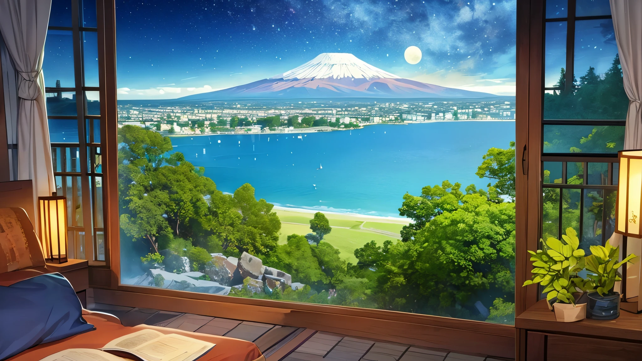  create a view of a lake with vegetation on the shores and 3 large volcanoes in the background,  night view , Night Vision,  a bright car moon, Night lighting  