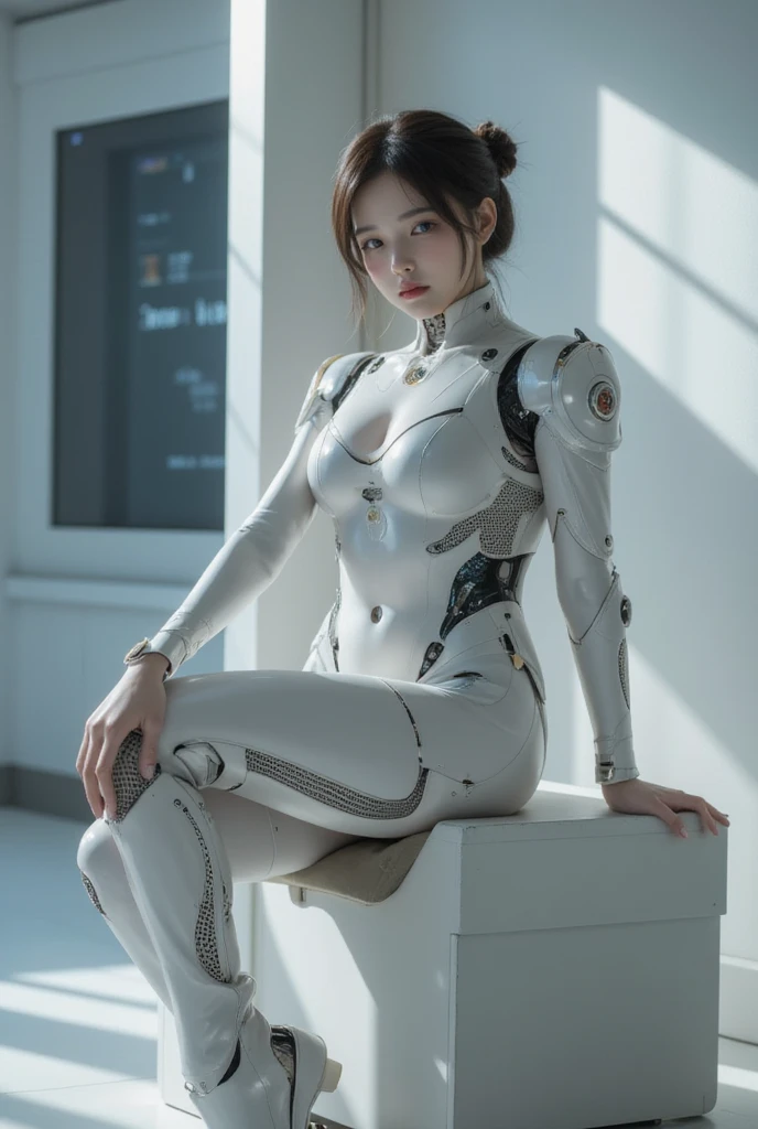 arafed woman in a white suit sitting in a car, perfect android girl, beautiful white girl cyborg, gynoid cyborg body, cute cyborg girl, beutiful girl cyborg, perfect anime cyborg woman, beautiful female android!, cyborg girl, cyborg - girl, beautiful android woman, beautiful female android, perfect cyborg female, gynoid body, beautiful cyborg girl