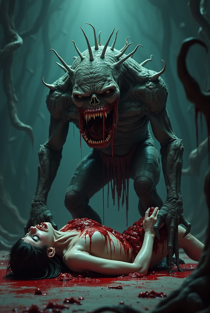 Masterpiece, highest quality, (high detail:1.2), creepy female monsters, creepy beasts, corner, phobia scene, bodies, corpsets, rotten meat, rotten skin, zoombie, blood, creepy, broken bone, bones, skeleton, a lot of dried blood and clots death, horror, obscure , shadows, swamp, horrifying creatures body rotten, sharp objects, living death, stumps, zoombies, gore, rotten organs, guts, dark macabre, virus, viruses and spores, mutants, mutations, altered DNA, sunset, strange creatures, post-apocalyptic, amputations, trauma, beats, bites, lacerations, hematomas and teratomas, post-apocalyptic background,1girl, blood tears, large breast, post mortem eyes, strange, tear the skin, blisters, rotten, fungus, undeath, dirt, human waste, exposed tissues and muscles.