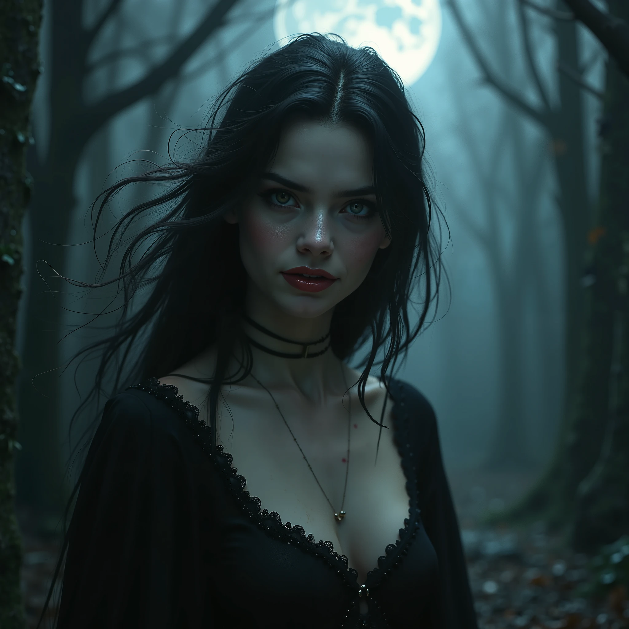 award winning RAW color photo of victorian era vampire cherrynobodysd15+ wearing black dress leather corset, dark foggy village, night ominous dark foreboding, mist, moonrays, vivid alluring eyes, pale skin, (black hair)+, shallow depth of field, high contrast, backlighting, bloom, chromatic aberration, smooth, sharp focus, taken on a mirrorless camera