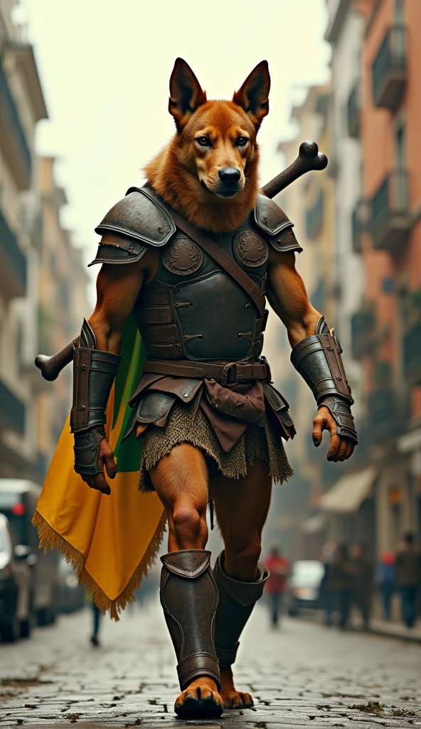 A ferociously designed pitbull in the forest, 2D painting, hyperrealistic, glowing eyes, wearing armor, standing on two legs, roaring, body emanating flames, demonic colors