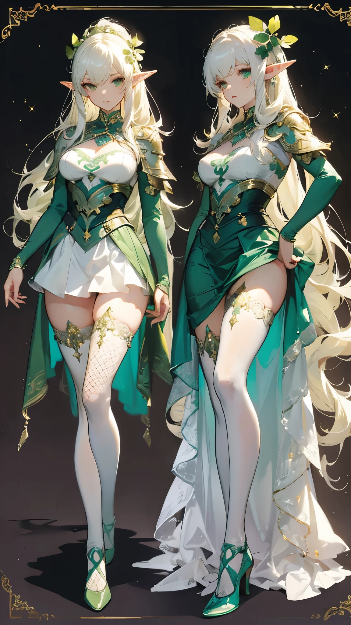 milf, 30 years old, (highres, masterpiece:1.2), white hair, robe, green robe, (large breasts), thick thighs, standing, pelvic curtain, thighhighs, v-neck, strapless dress, blue eyes, expressionless, long hair, (layered dress, elaborate clothing, detailed clothing, detailed dress), forest in background, blue dress, cape, smile