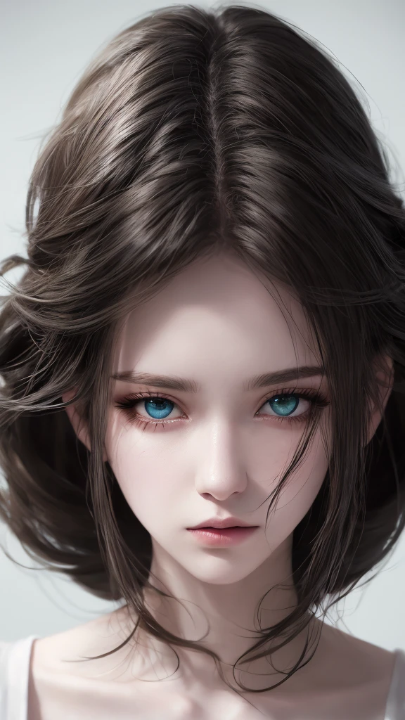 a beautiful girl on sidewalk, sleeveless shirt, medium spiralcurl hair and light white, gradient eyes, melancholy expression, white eyes, brilliance, portrait, game original painting, anime character, concept design, beautiful face, sacred, highly detailed, gorgeous sacred girl, beautiful light, the best quality, 8k quality