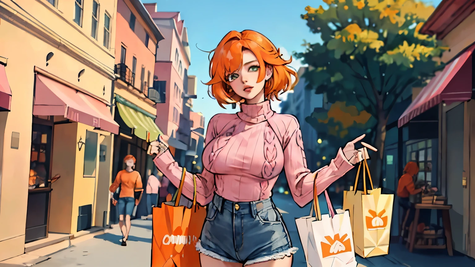 (( orange hair)),  green eyes,  long semi-tied hair, , (( full lips )), ((masterpiece)), ((detailed)), ((pink sweater)), (( open denim shorts )), (( best quality )), ((outdoor shopping )),  Big breasts , ((bright)), (beautiful eyes),  looking at the viewer 