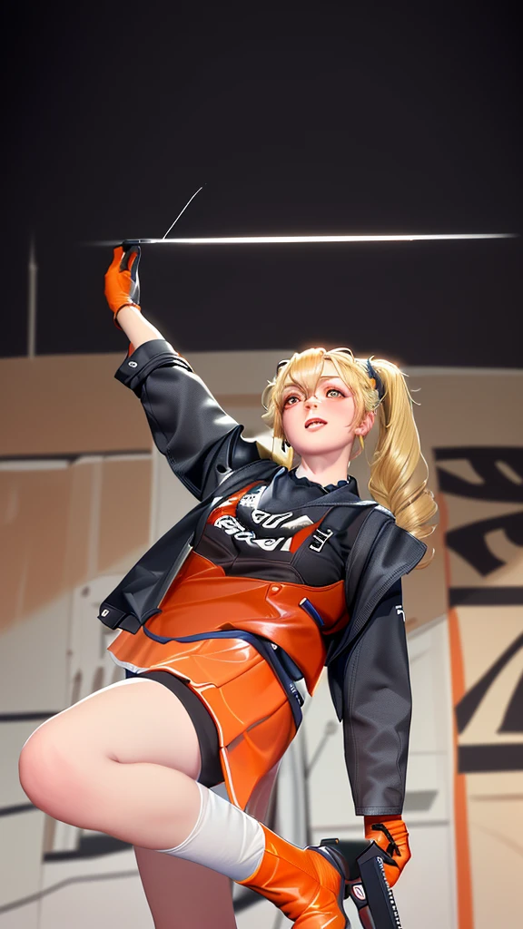 (（（figure，御姐figure,White and tender skin,（（（FenNib , long_sleeves_skirt, red_single_thighhigh, thigh_holster, elbow_gloves, strap, ）））,(（（twintails, Blonde_hair, orange_eyes,））),，((masterpiece)), highres icon,((Best quality at best)),masterpiece,quality,Best quality,(（（  looking at the audience， is open to the audience,Light in the eyes， blush，shy）））， huge ,Chiaroscuro, depth of field, cinematic lighting, motion blur, ray tracing, reflection light, drop shadow, speed lines）））