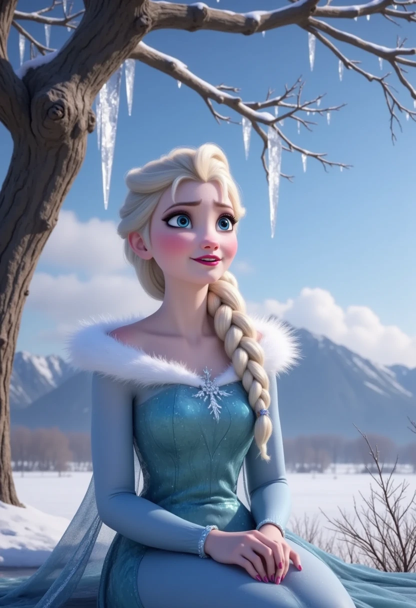 close-up of Elsa from Frozen sitting like a lady under a tree on ice and looking up at the sky, muitos detalhes, Beautiful, Elsa, Frozen, alta qualidade