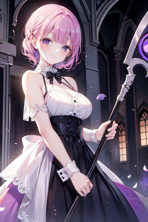 Perfect face. Perfect hands. A ite pink haired woman with violet eyes in a pretty lace gown is smiling while holding a scythe in an abandoned church