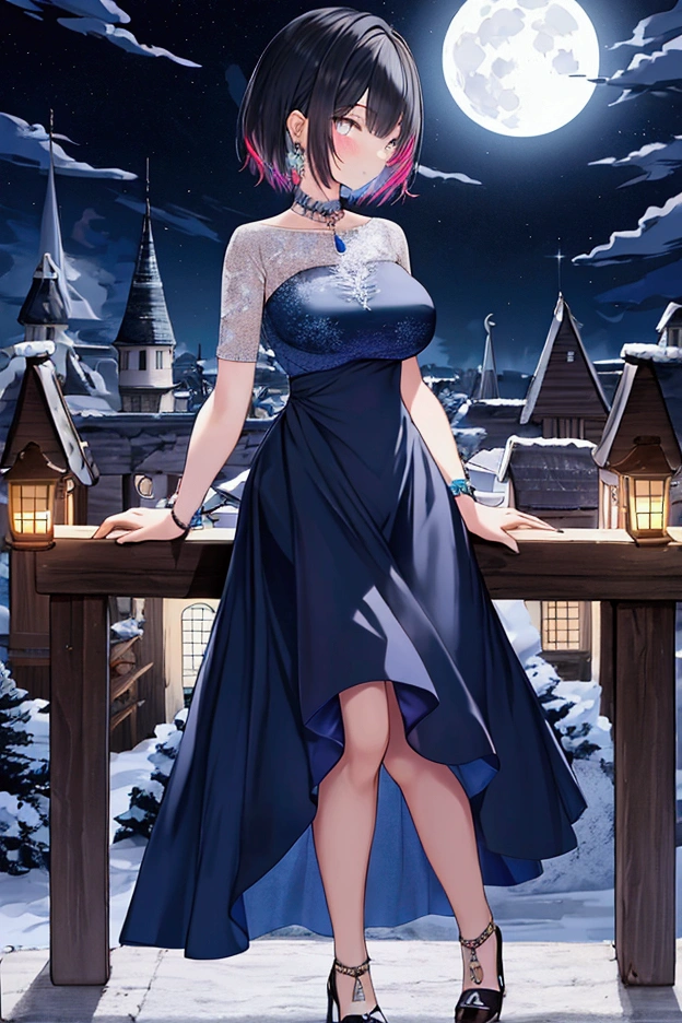 Full body image, night, ((1. Adult women)), alone, Adult women, Baby Face, masterpiece, 8K wallpaper, High resolution, Absurd, High Quality Backgrounds, Short Hair, Black Hair, Multicolored Hair, Big Breasts, Slim body, Beautiful frozen village, (Bright full moon), Blue Dress, Detailed dress, Jewelry mini Dress, (magic:1.2), blue fire, blue eyes, Glowing Eyes, Attention to detail