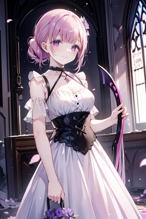 Perfect face. Perfect hands. A petite pink haired woman with violet eyes in a pretty lace gown is smiling while holding a scythe in an abandoned church