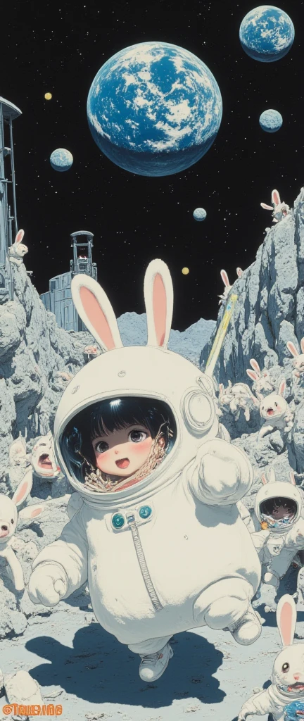 On the surface of the moon, near a futuristic lunar base, a comical scene unfolds with a rabbit in a puffy white spacesuit dramatically falling over as if it has been hit. The rabbit's helmet is oversized, with exaggerated ear-shaped protrusions. One paw clutches its chest in an overly theatrical manner, while the other reaches toward the sky. A toy-like laser beam hovers nearby, adding to the humor. In the background, other spacesuit-wearing rabbits peek out from behind moon rocks, their wide eyes filled with a mix of surprise and amusement. The Earth looms in the starry sky, adding to the playful contrast of the scene,vintage anime