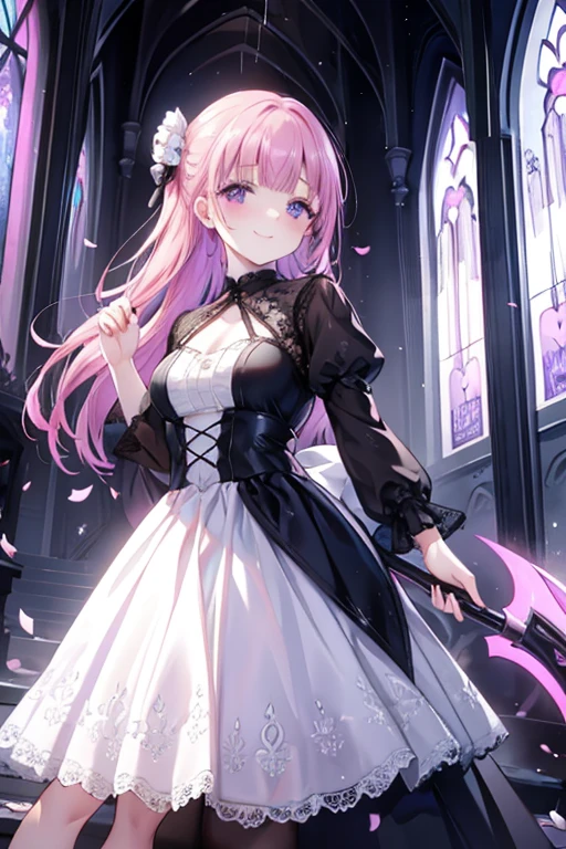 Perfect face. Perfect hands. A petite pink haired woman with violet eyes in a pretty lace gown is smiling while holding a scythe in an abandoned church