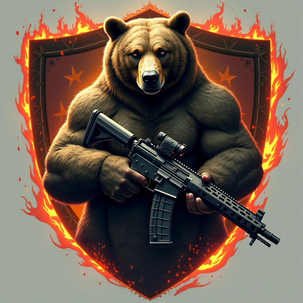 A brown bear wearing baggy pants and no shirt with a wrestling belt on that says TSR , super muscular , with a computer keyboard and a blank screen in front. He&#39;s rapping and standing but he&#39;s rapping to the inert monitor, that the screen is seen from the side and that a bazooka is in the other hand and that on that bazooka it has written ÑBDGA”