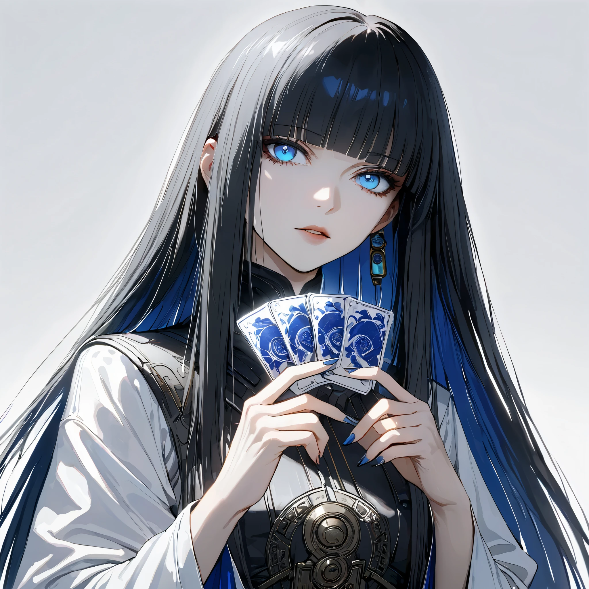 cowboy shot, Female Tarot reader holding one card,Grab the card with your fingers. hands holding card, , {{masterpiece}}, {{{Highest quality}}},{{Very detailed}},,Straight hair,Long hair , blunt bangs,blue eyes,One card,,(((white background))),girl
,cyberpunk,Chinese clothing