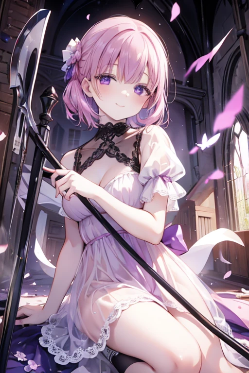 Perfect face. Perfect hands. A petite pink haired woman with violet eyes in a pretty lace gown is smiling while spinning a scythe in an abandoned church