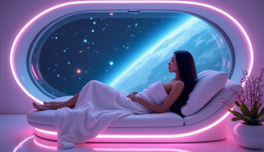 A stunning Latina woman with long black hair, wrapped in a white bath towel, reclining gracefully on a luxurious futuristic bed inside a spaceship. The room is illuminated by soft, ambient lighting in purple and blue tones, with sleek metallic walls and a large window showcasing a cosmic view of distant stars and galaxies. The bed has a modern, minimalist design with glowing edges, and the woman exudes elegance and relaxation