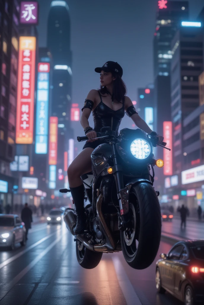 a woman in a black tight bodysuit sitting on a motorcycle on an apocalyptic city street at night with a street light in the background, Eve Ryder, cyberpunk style, cyberpunk art, retrofuturism, masterpiece, cinematic lighting, (high detailed skin:1.2),8k uhd, dslr, soft lighting, high quality, film grain, Fujifilm XT3, <lora:epiNoiseoffset_v2:0.7>