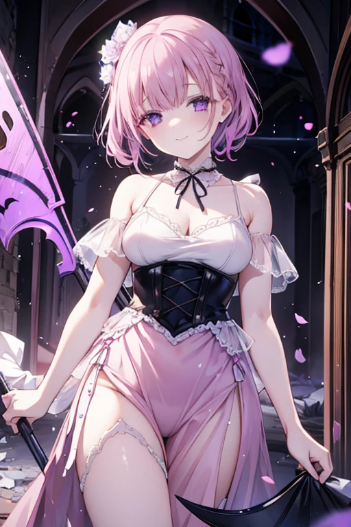 Perfect face. Perfect hands. A ite pink haired woman with violet eyes in a pretty lace gown is smiling while spinning a scythe in an abandoned church
