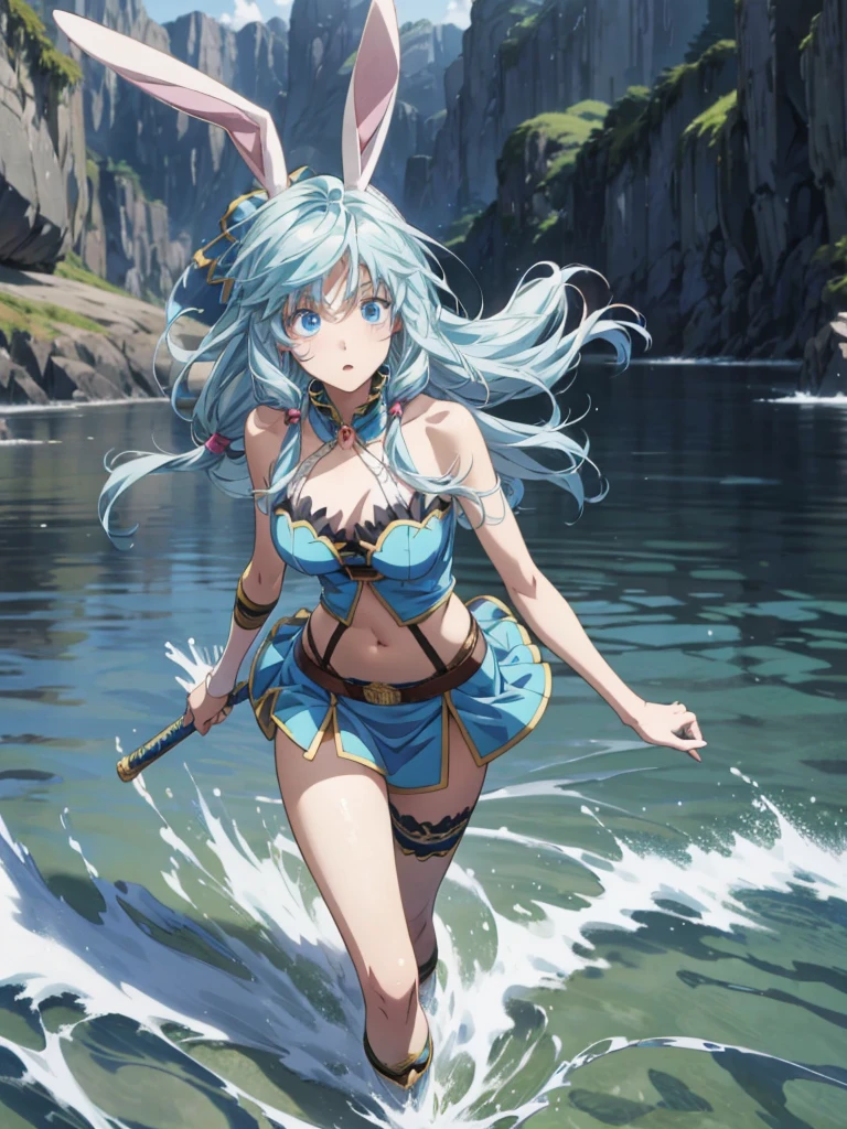 Anime girl with blue hair and tail holding a sword, wallpaper anime blue water, anime wallpaper, ultra hd anime wallpaper, hd anime wallpaper, anime wallpaper, anime long hair girl, Anime girl walking on water, anime style 4k, anime pictures, hd anime wallpaper, anime background, anime hd wallpaper, Beautiful anime style, high definition anime art