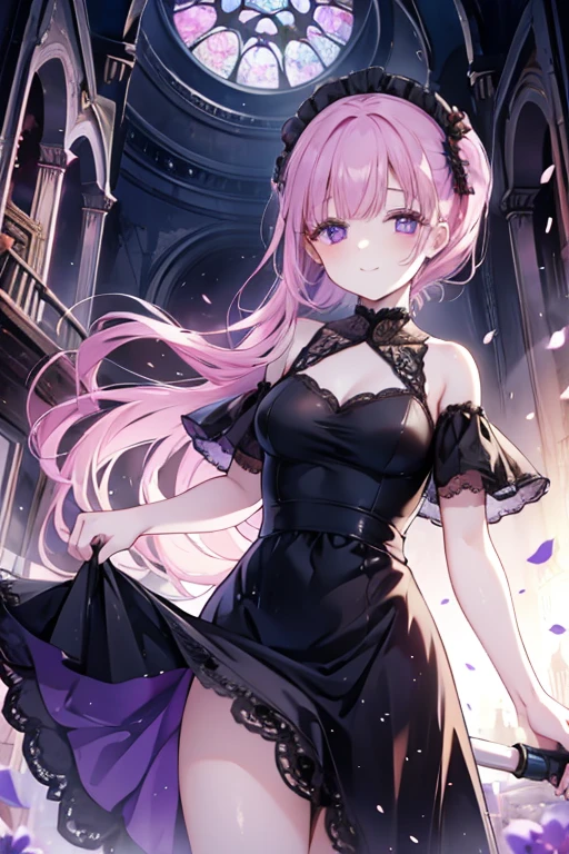 Perfect face. Perfect hands. A petite pink haired woman with violet eyes in a pretty lace gown is smiling while spinning a scythe in an abandoned church
