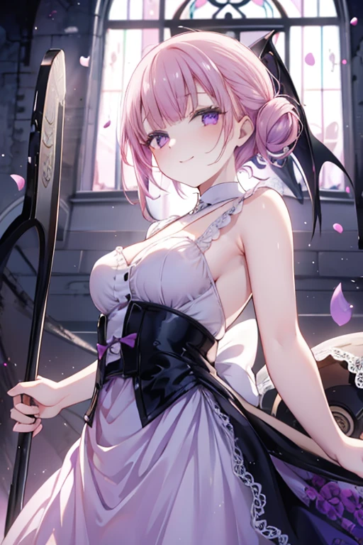 Perfect face. Perfect hands. A petite pink haired woman with violet eyes in a pretty lace gown is smiling while spinning a scythe in an abandoned church
