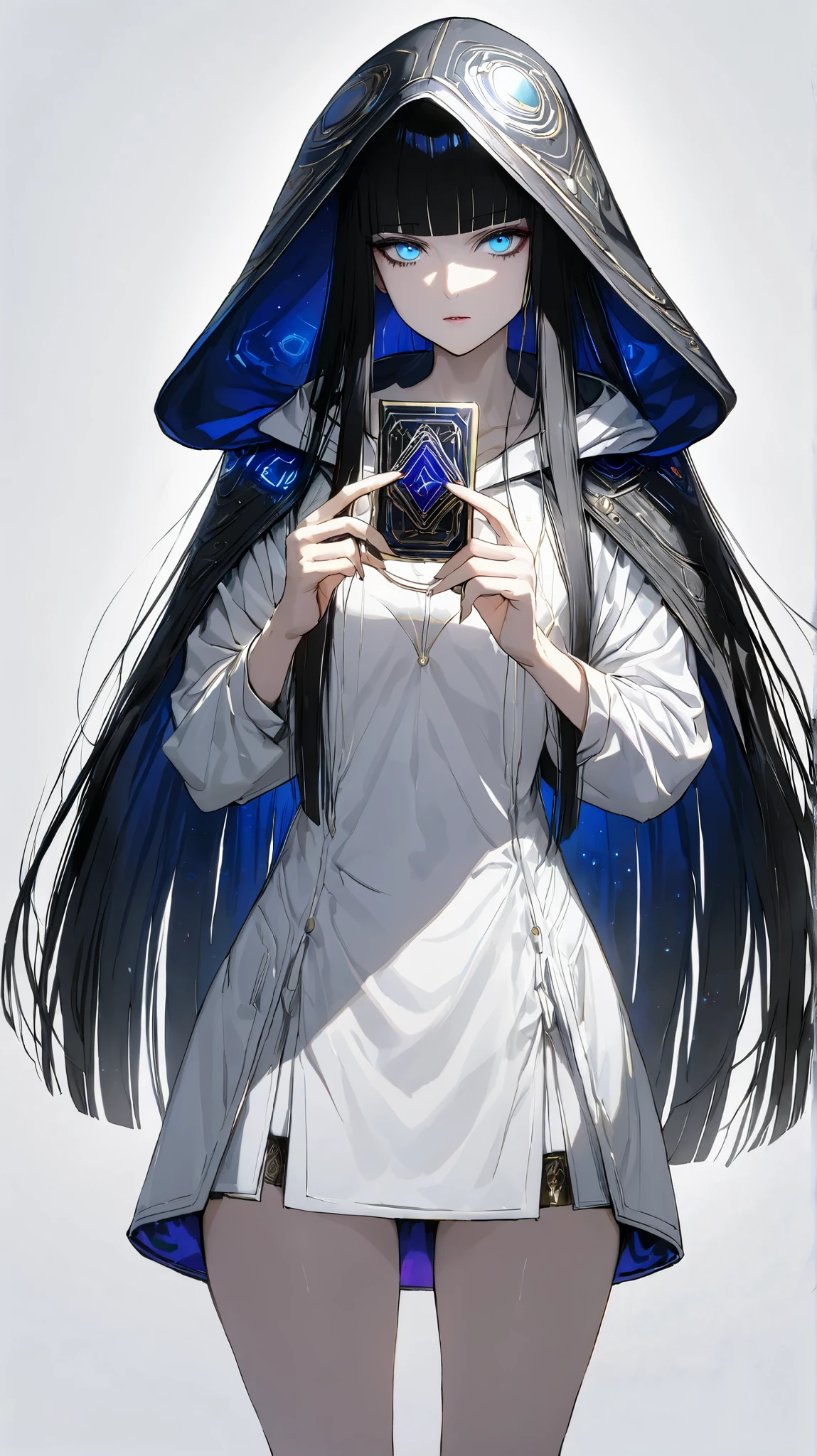 cowboy shot, Female Tarot reader holding one card,Grab the card with your fingers. hands holding card,miniskirt ,Hooded fortune teller's robe, {{masterpiece}}, {{{Highest quality}}},{{Very detailed}},,Straight hair,Long hair , blunt bangs,blue eyes,One card,,(((white background))),girl
,cyberpunk,