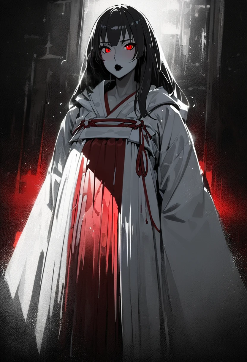Woman, long and voluminous black hair, white eyes, Standing on the mountain of corpses, surrounded by blood, evil expression, wearing a white dress stained with blood